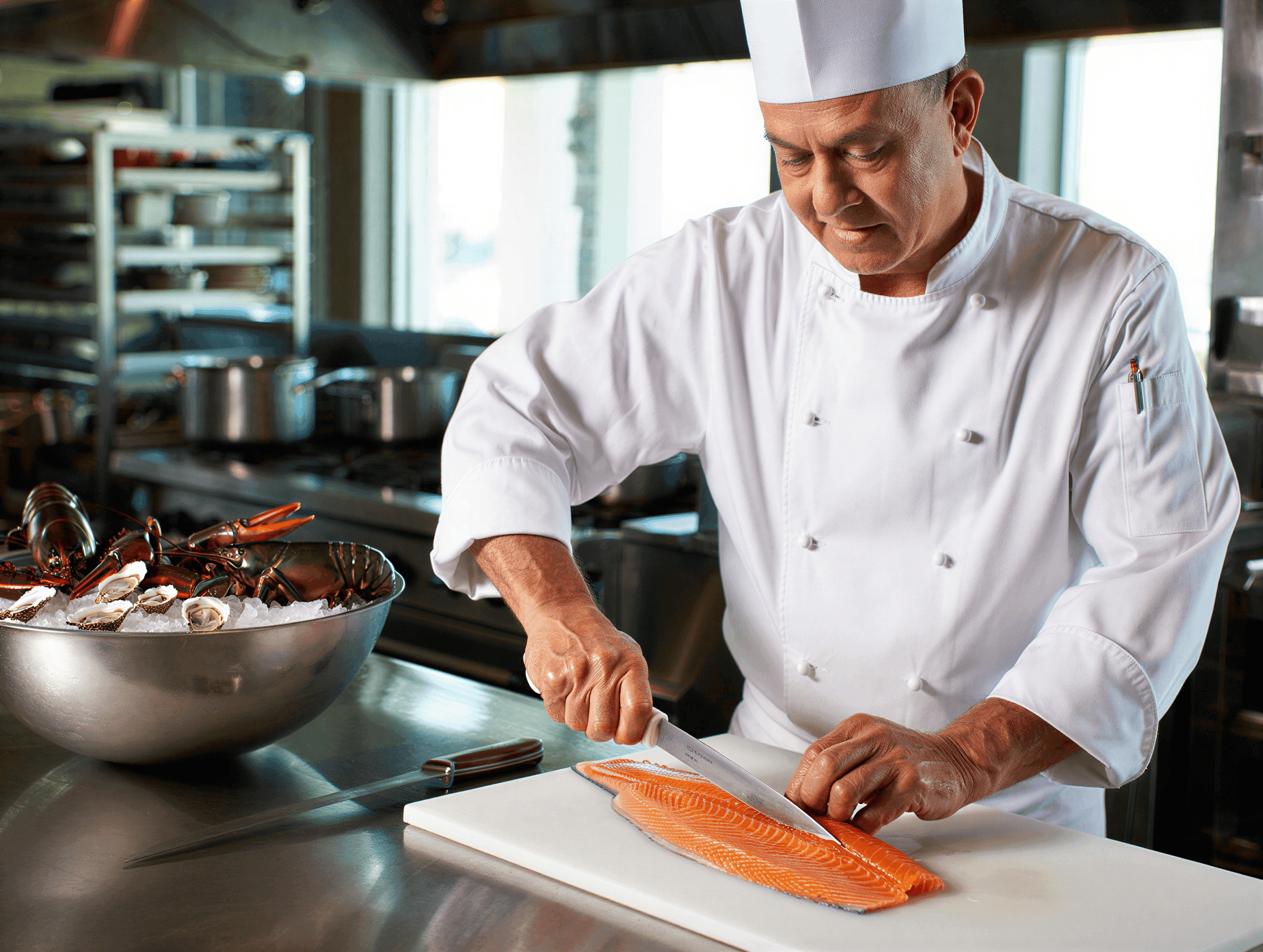 Chef preparing seasonal ingredients in the Essenza Atelier kitchen